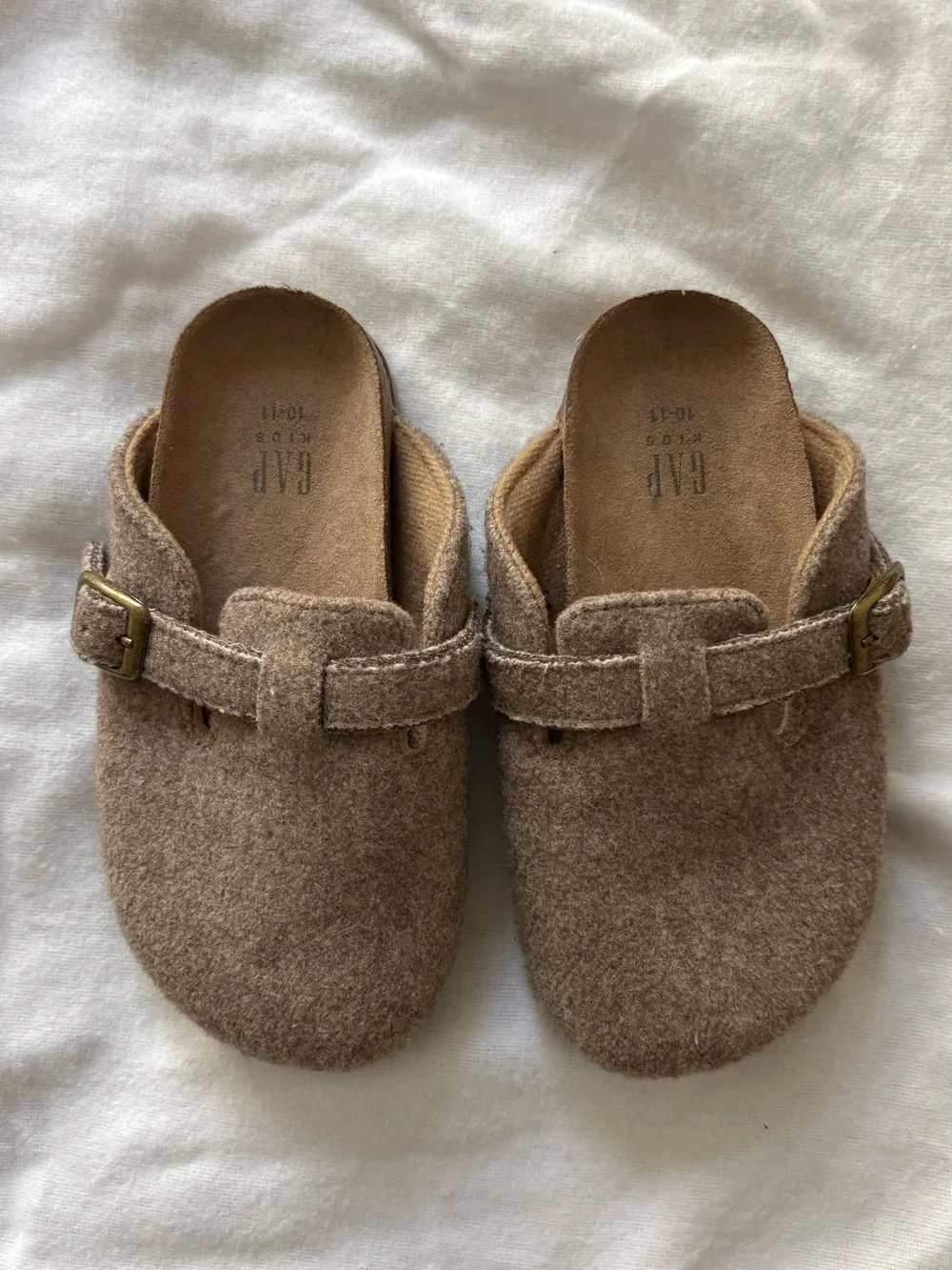 GAP Felt Clog Mules in Taupe Brown with Brass Buckles